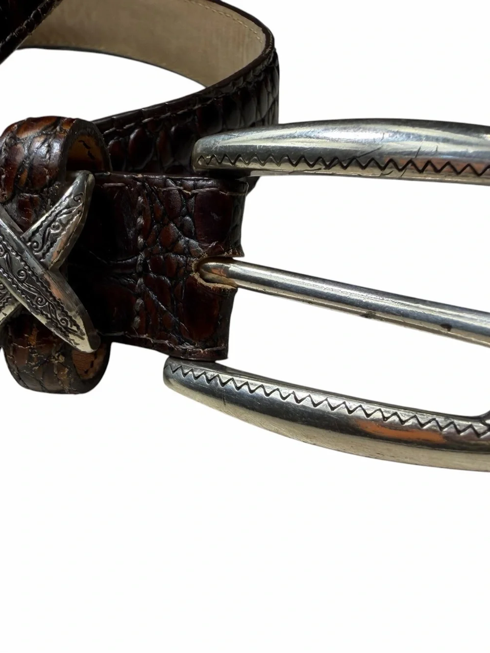 Brighton Brown Leather Crocodile Embossed Silver Buckle Belt Size 34 large